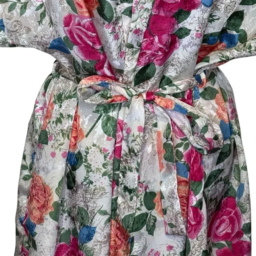 Vintage Cinema Etoile Floral Lace Kimono Robe Matching Sash Pink White Green Med